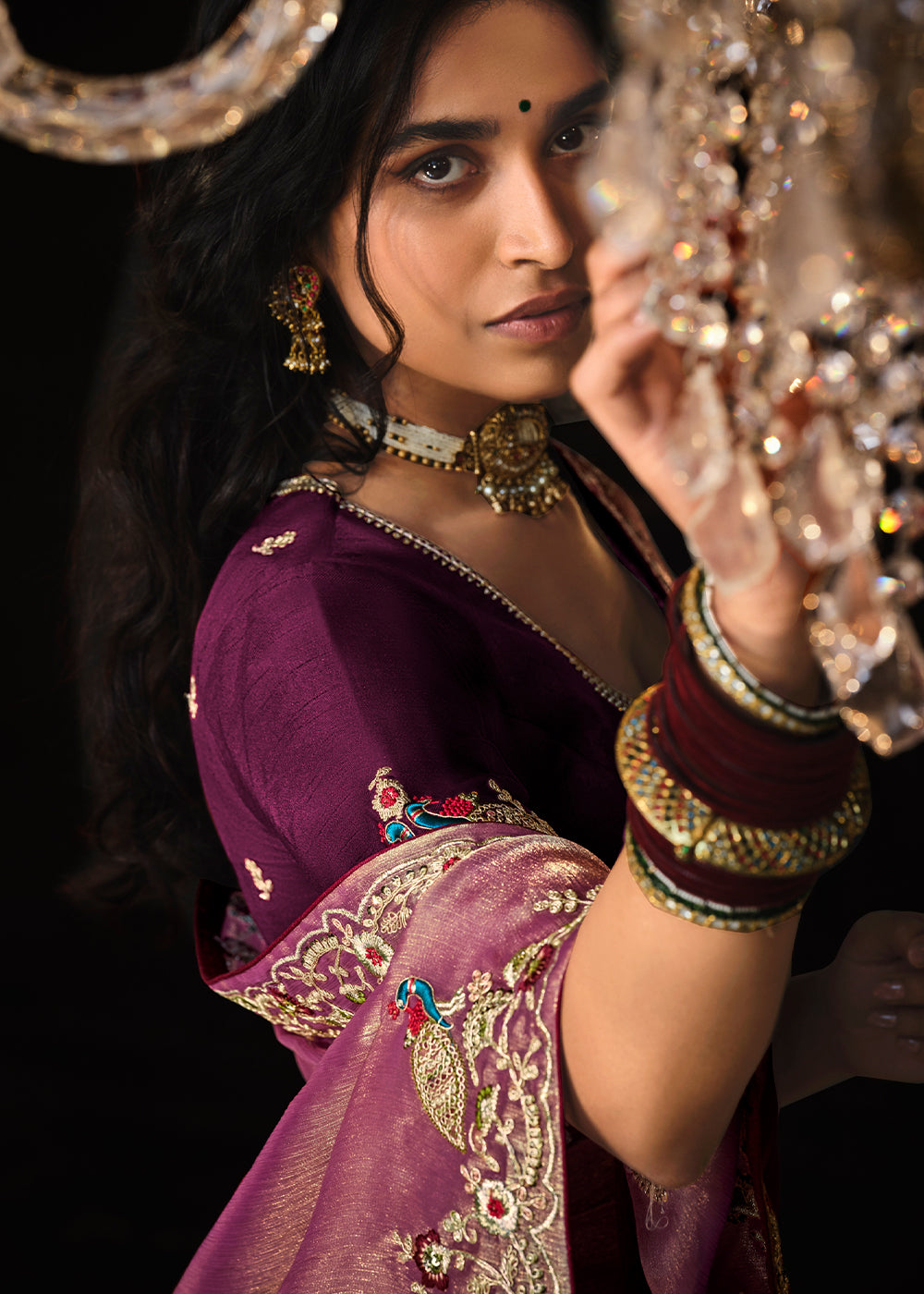 Pinkish Purple Satin Silk Saree Embellished with Stone,Sequin,Embroidery & Zarkan work