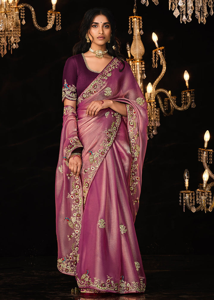 Pinkish Purple Satin Silk Saree Embellished with Stone,Sequin,Embroidery & Zarkan work