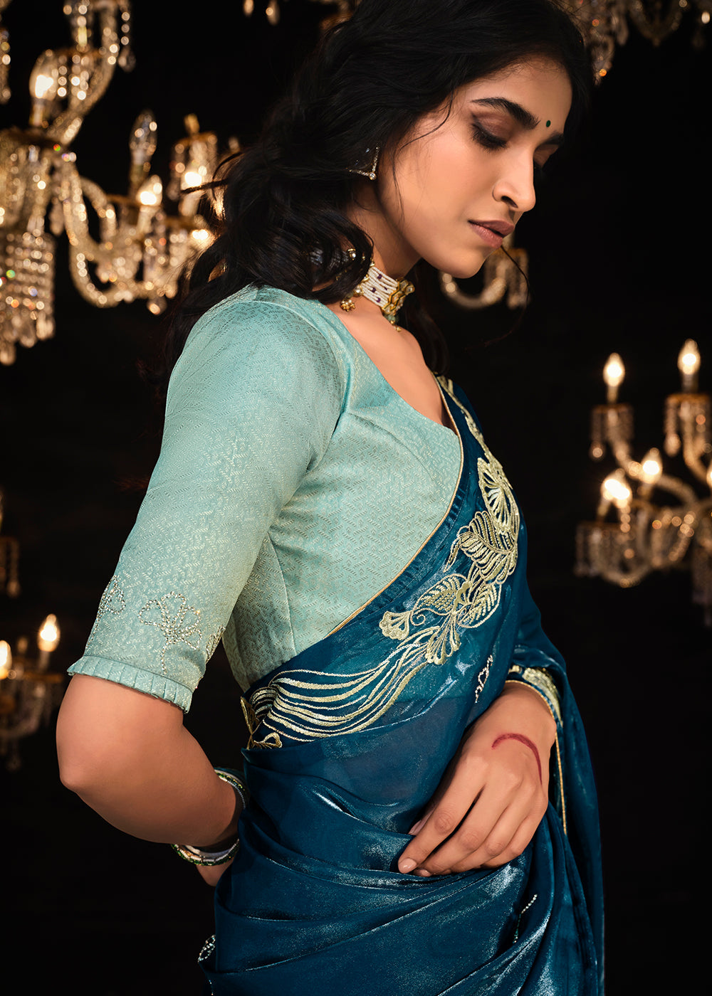 Prussian Blue Satin Silk Saree Embellished with Stone,Sequin,Embroidery & Zarkan work