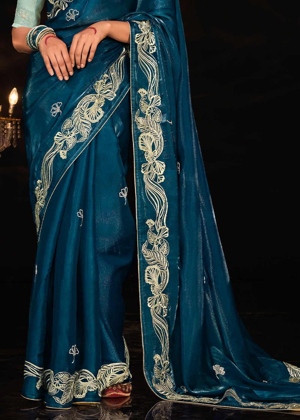 Prussian Blue Satin Silk Saree Embellished with Stone,Sequin,Embroidery & Zarkan work