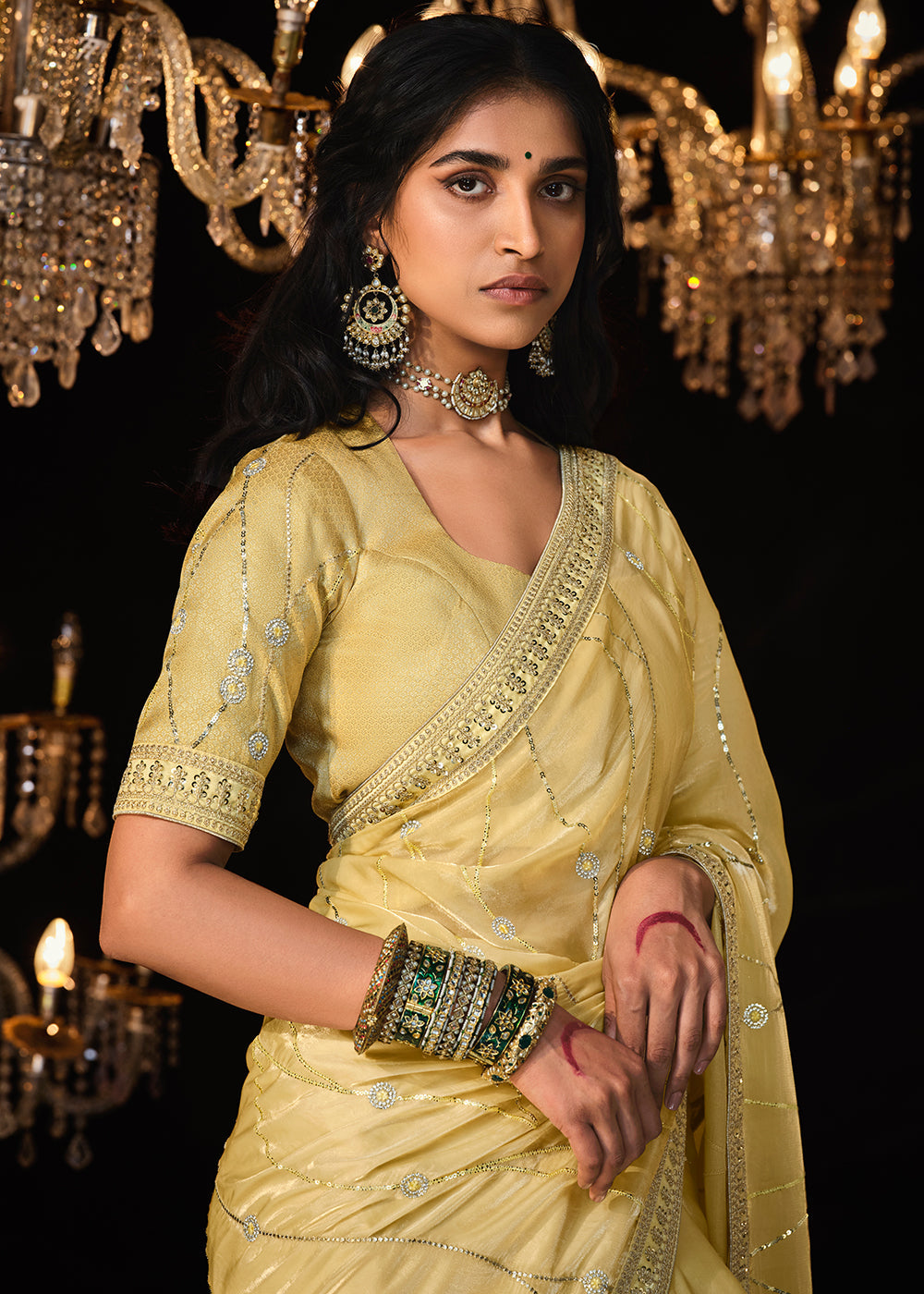 Light Corn Yellow Satin Silk Saree Embellished with Stone,Sequin,Embroidery & Zarkan work