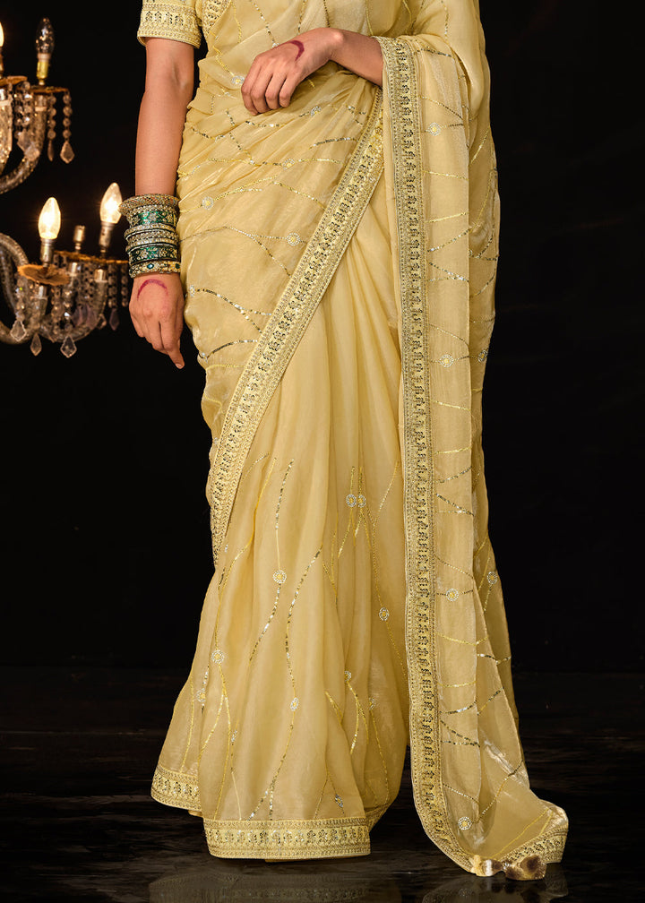 Light Corn Yellow Satin Silk Saree Embellished with Stone,Sequin,Embroidery & Zarkan work