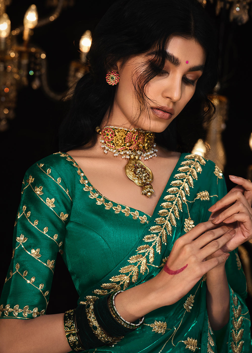 Teal Green Satin Silk Saree Embellished with Stone,Sequin,Embroidery & Zarkan work