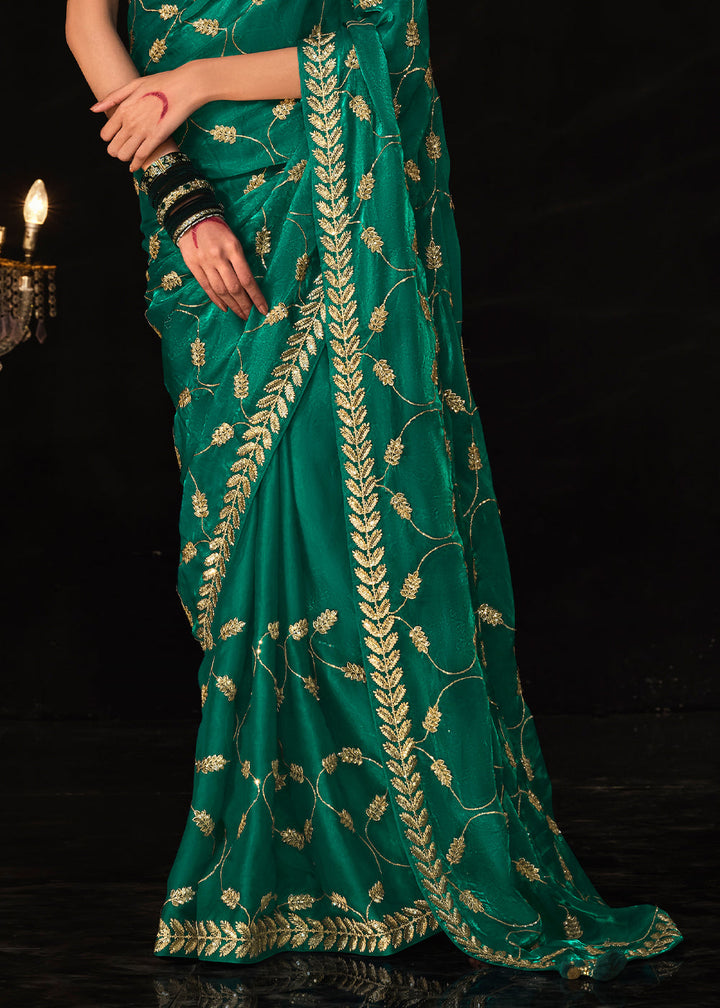 Teal Green Satin Silk Saree Embellished with Stone,Sequin,Embroidery & Zarkan work