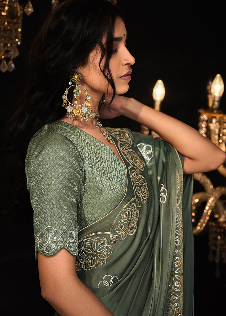 Hunter Green Satin Silk Saree Embellished with Stone,Sequin,Embroidery & Zarkan work