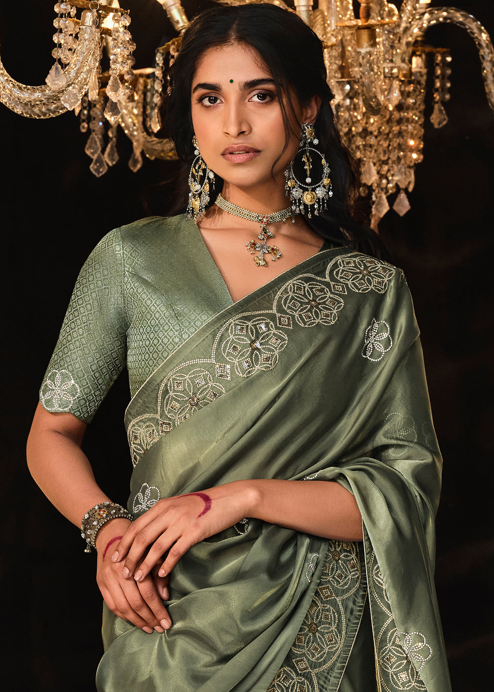 Hunter Green Satin Silk Saree Embellished with Stone,Sequin,Embroidery & Zarkan work