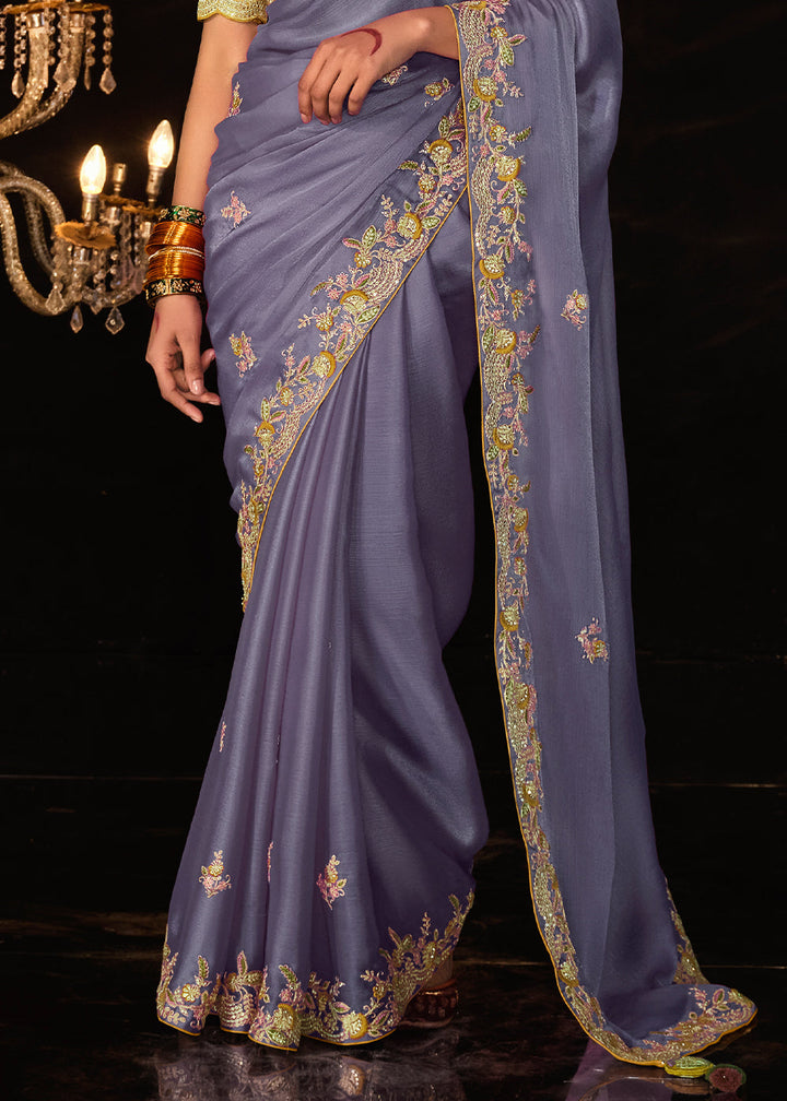 Amethyst Purple Satin Silk Saree Embellished with Stone,Sequin,Embroidery & Zarkan work