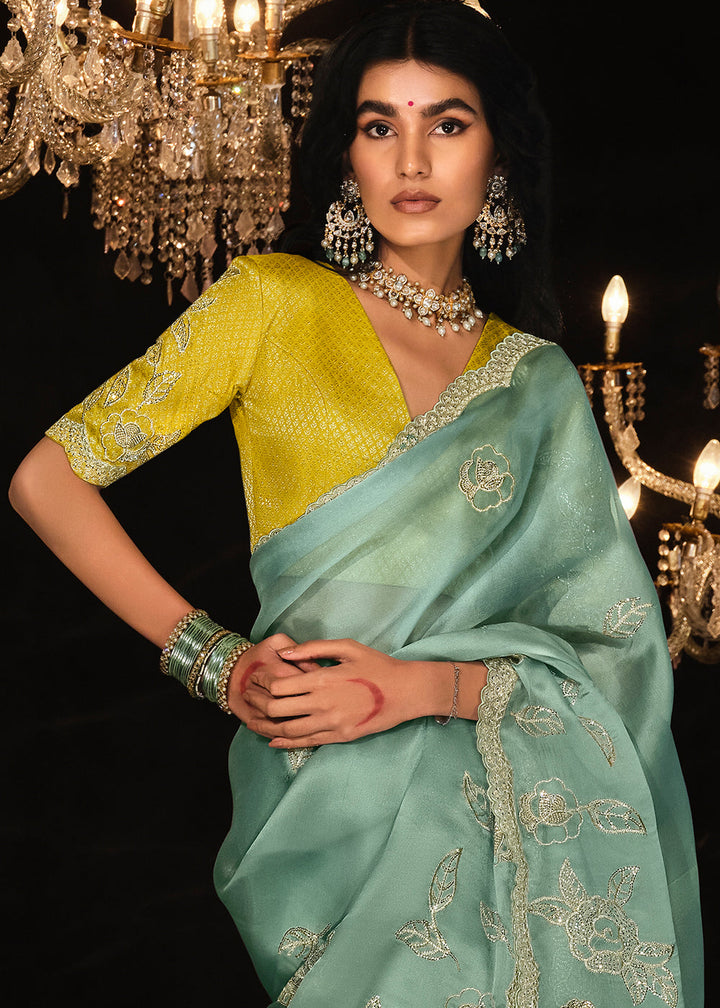 Celeste Blue Satin Silk Saree Embellished with Stone,Sequin,Embroidery & Zarkan work