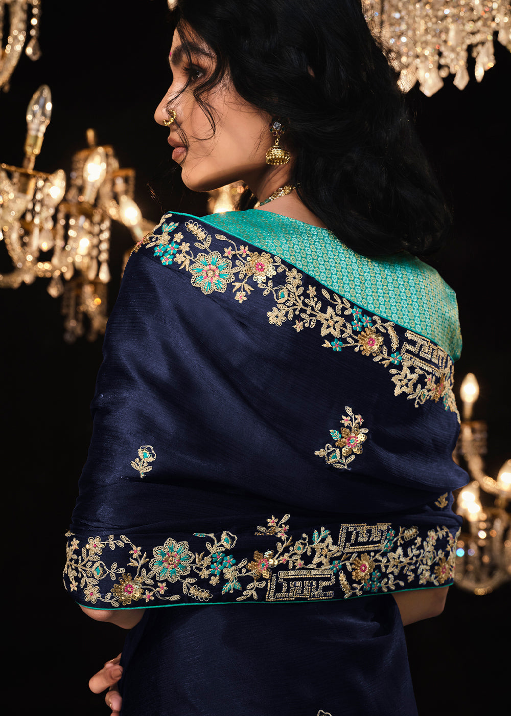 Denim Blue Satin Silk Saree Embellished with Stone,Sequin,Embroidery & Zarkan work