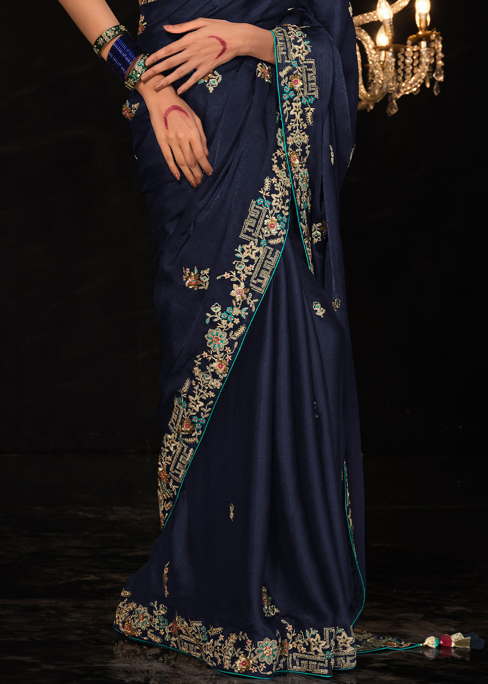 Denim Blue Satin Silk Saree Embellished with Stone,Sequin,Embroidery & Zarkan work