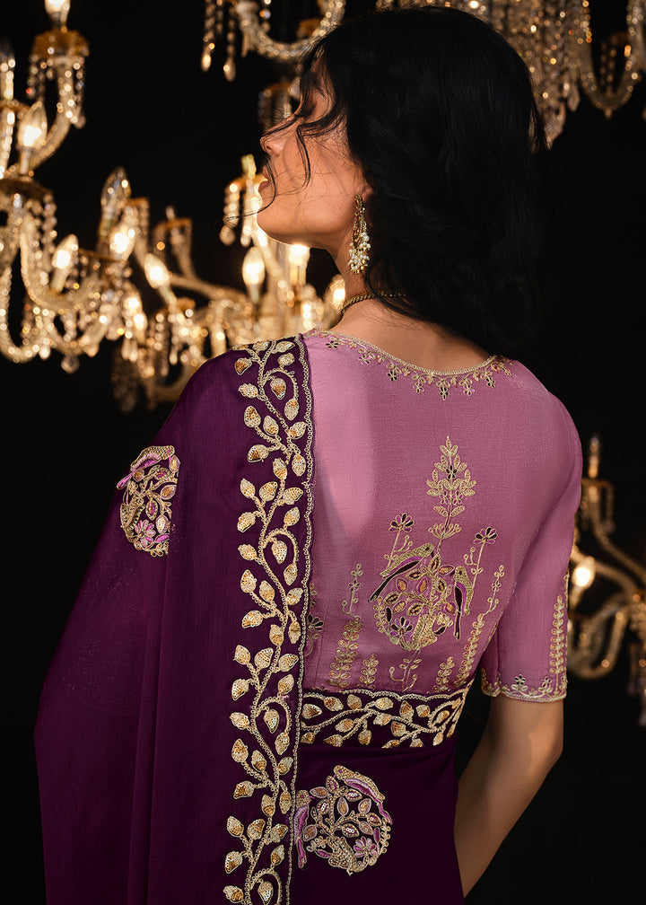 Tyrian Purple Satin Silk Saree Embellished with Stone,Sequin,Embroidery & Zarkan work