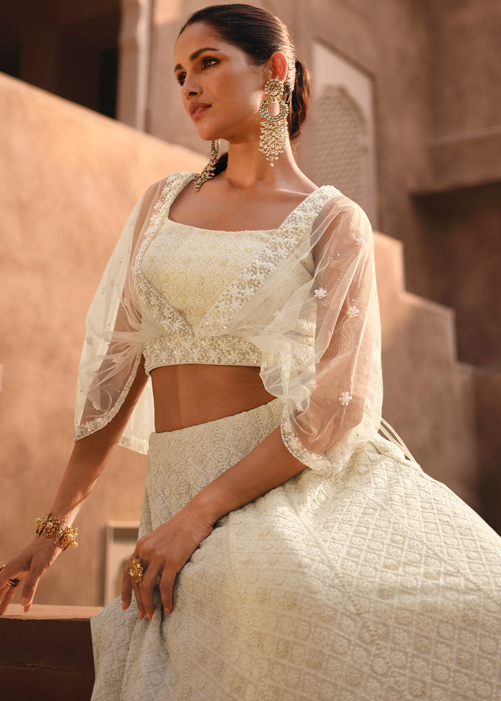 Pearl White Ready to Wear Georgette Lehenga With Embroidered work Front & Back