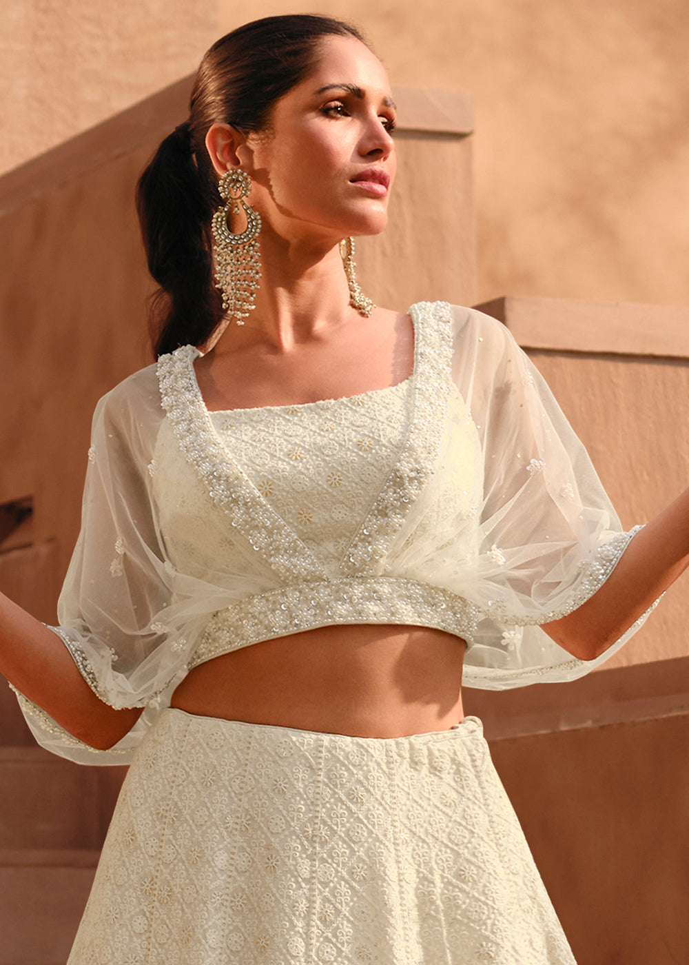 Pearl White Ready to Wear Georgette Lehenga With Embroidered work Front & Back