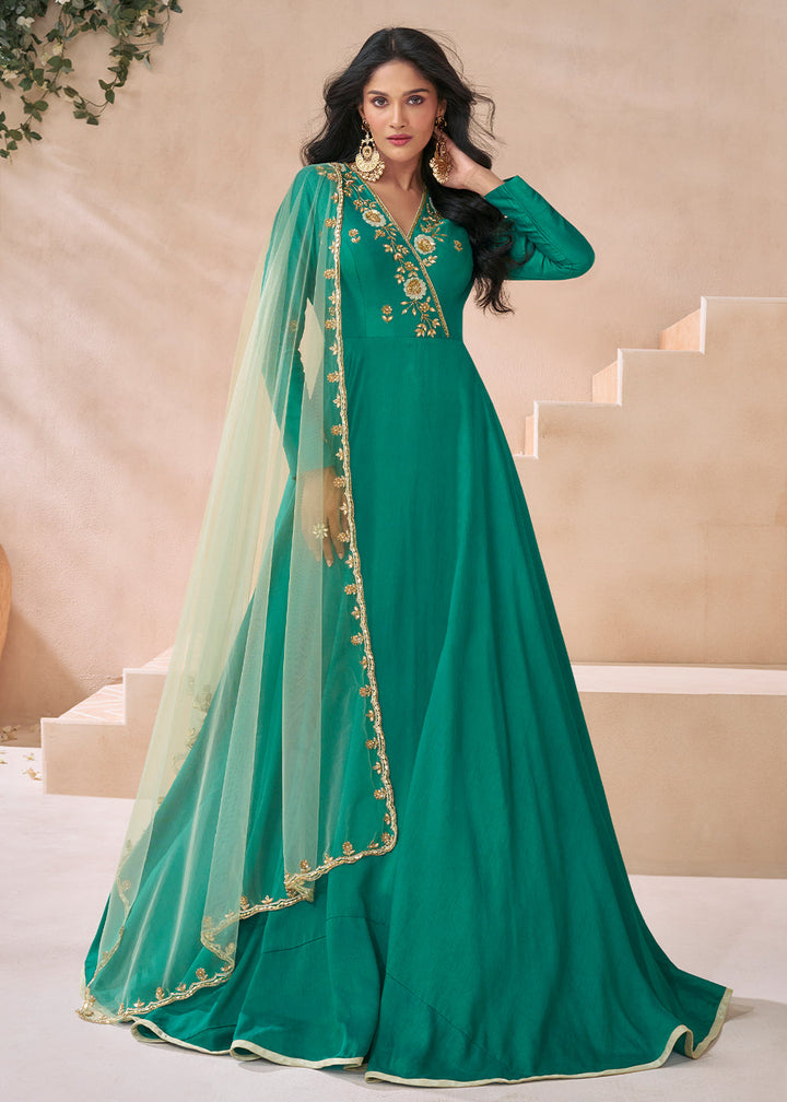 Cyan Green Silk Anarkali Gown with Embroidery work