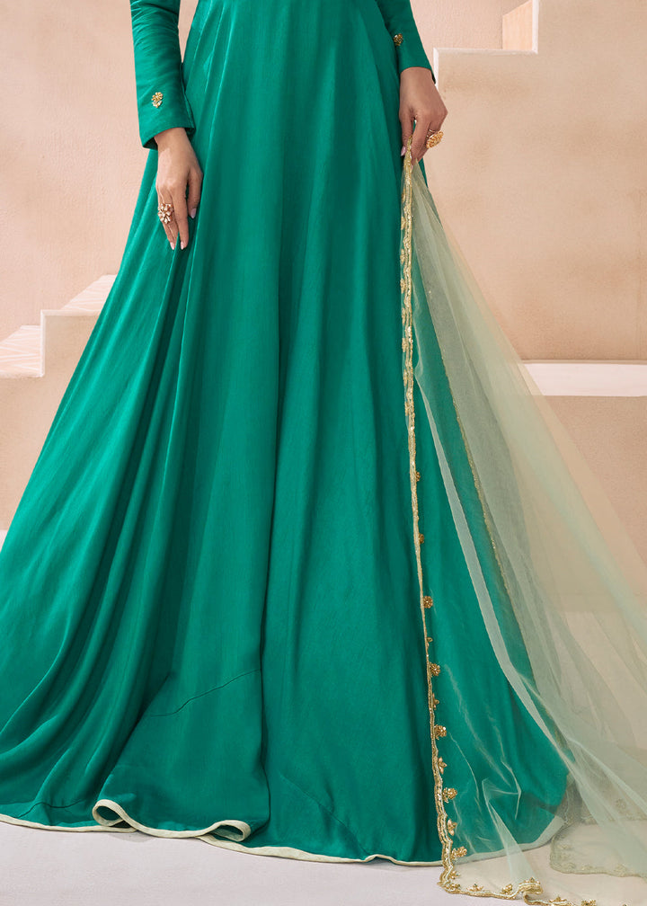 Cyan Green Silk Anarkali Gown with Embroidery work