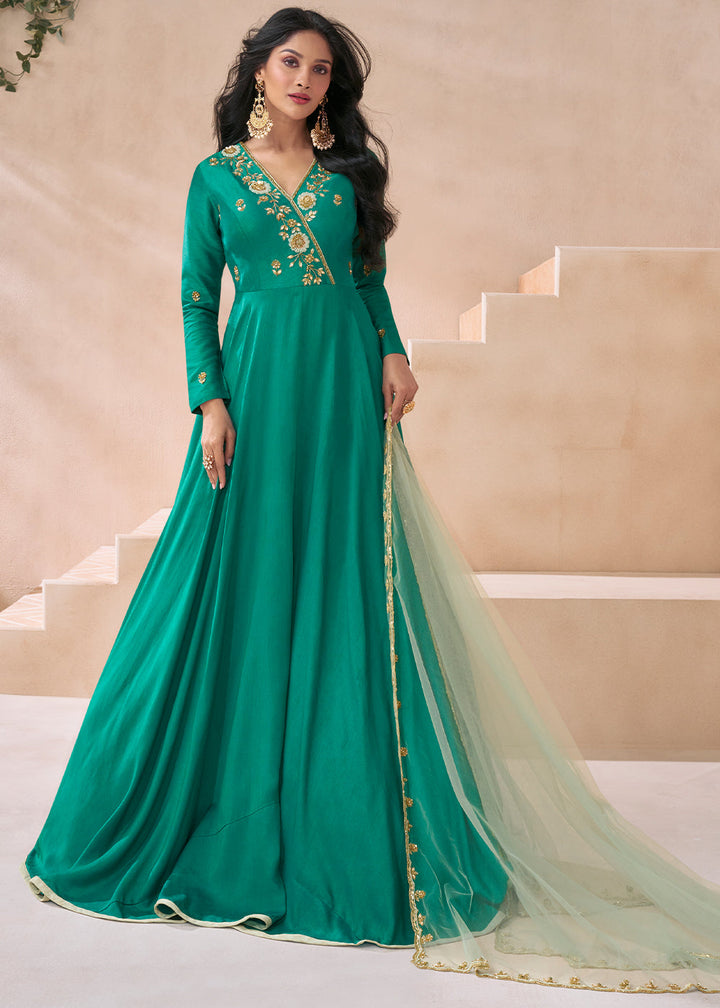 Cyan Green Silk Anarkali Gown with Embroidery work