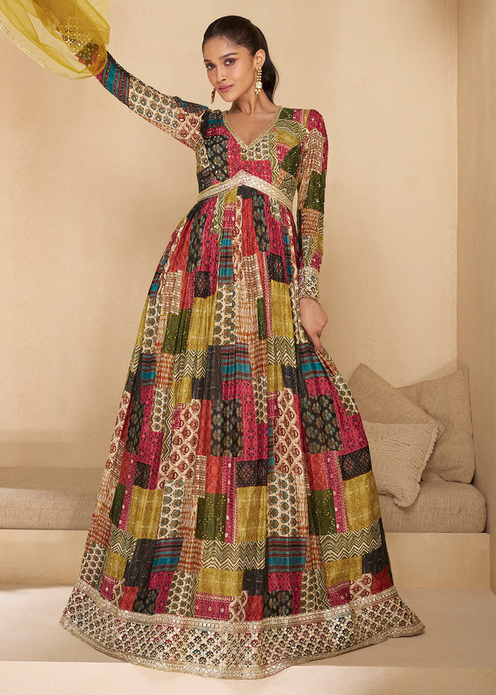 Multi Colored Georgette Anarkali Suit with Net Dupatta