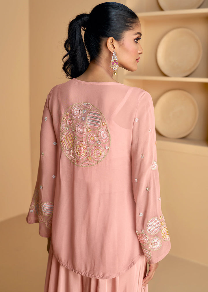 Sweet Pink Georgette Top Plazzo Set with Embroidered Jacket