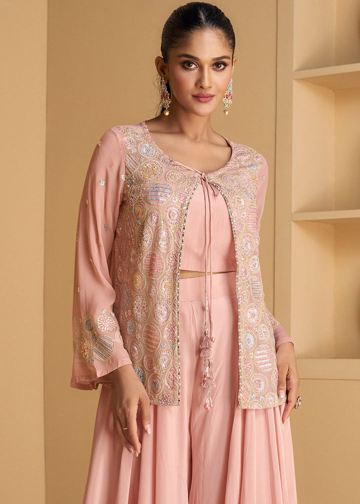 Sweet Pink Georgette Top Plazzo Set with Embroidered Jacket