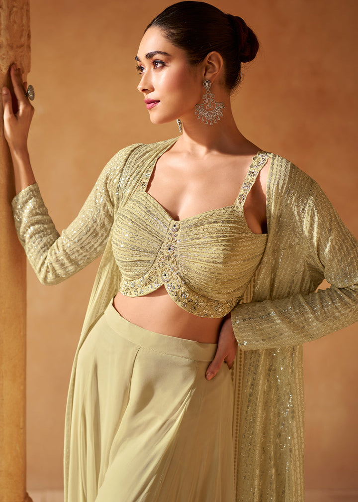 Sand Brown Georgette Top Plazzo Set With Long Embroidered Jacket