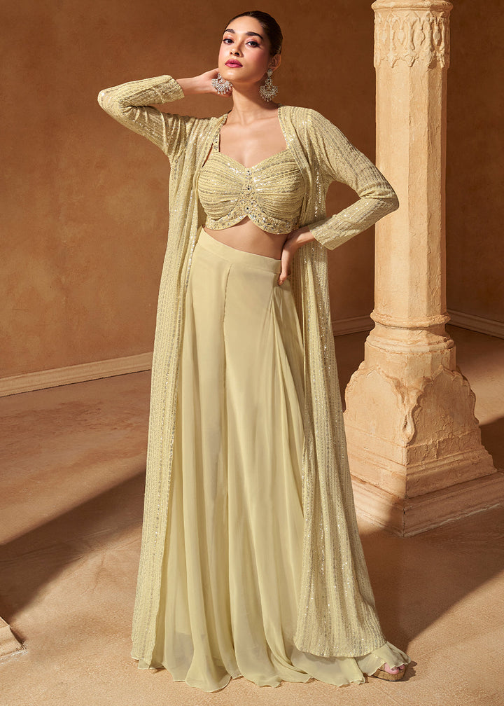 Sand Brown Georgette Top Plazzo Set With Long Embroidered Jacket