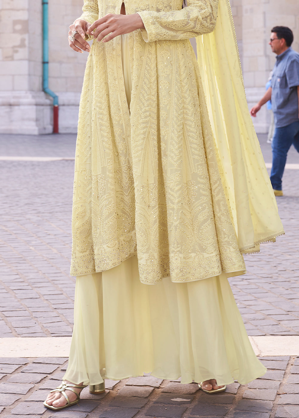 Blonde Yellow Georgette Plazzo Suit With Embroidery Work