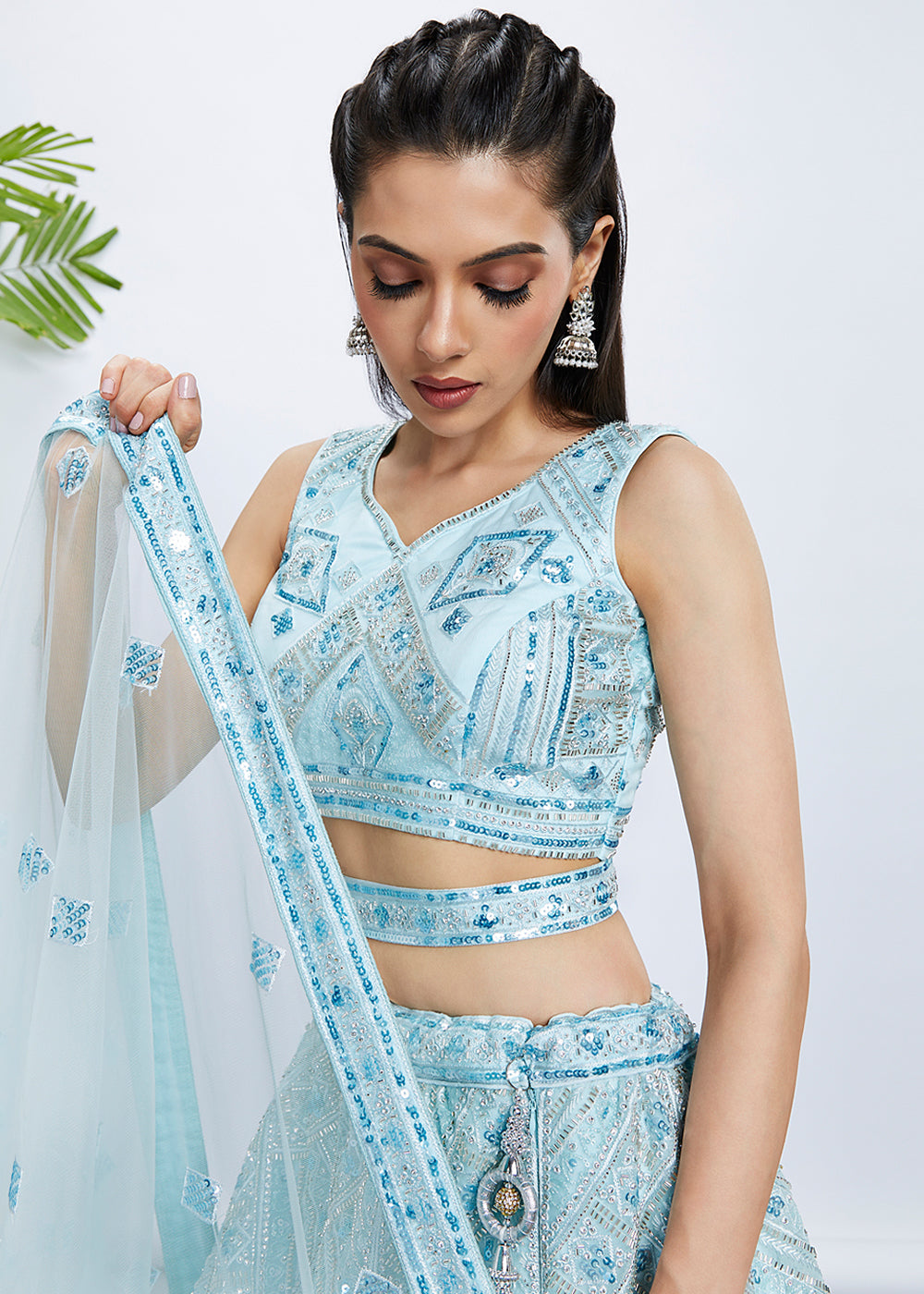 Baby Blue Net Lehenga Choli with Cut-Dana, Sequins & Zarkan Embroidery work