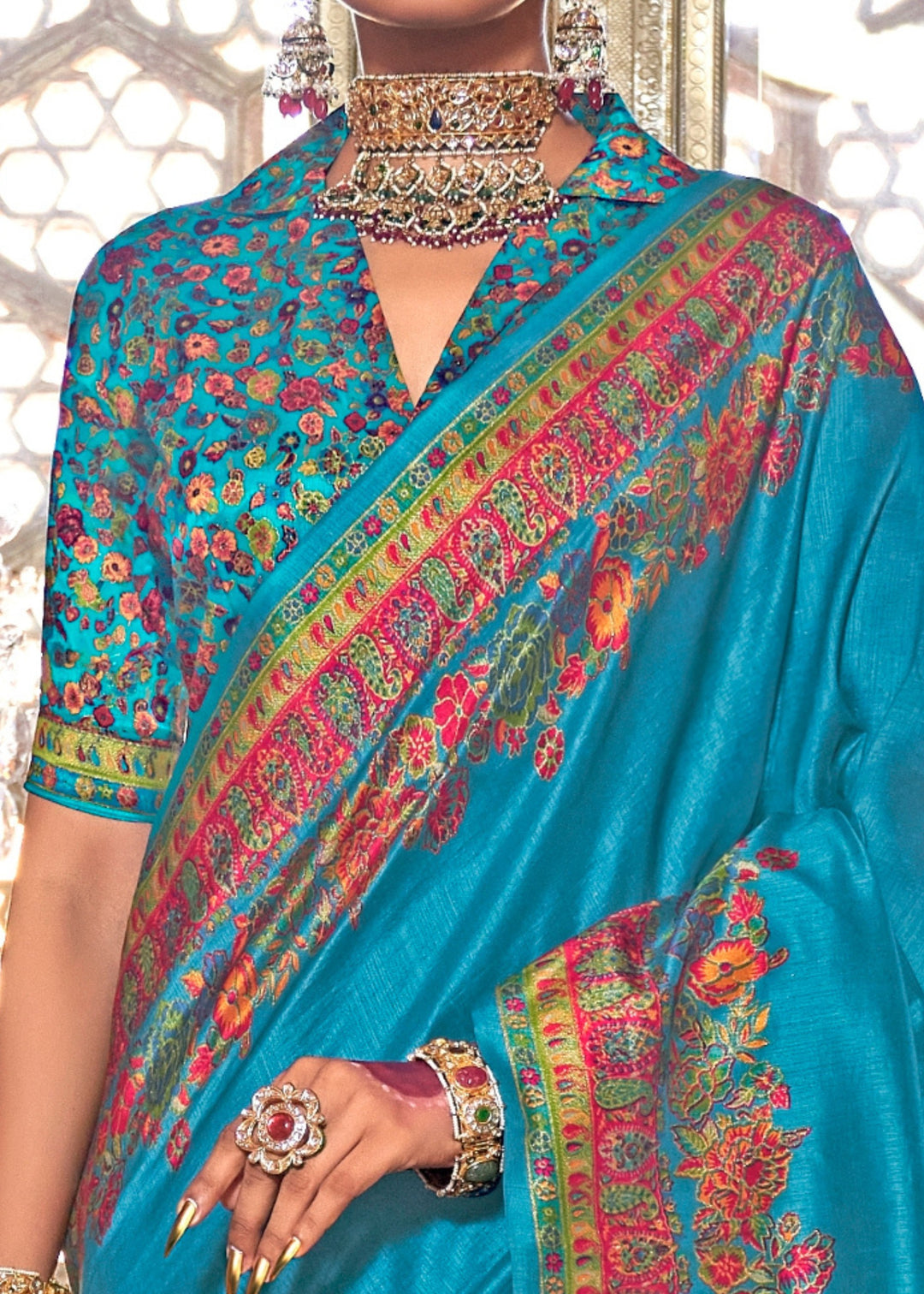 Azure Blue Silk Saree With Luxury Print And Glory Finish