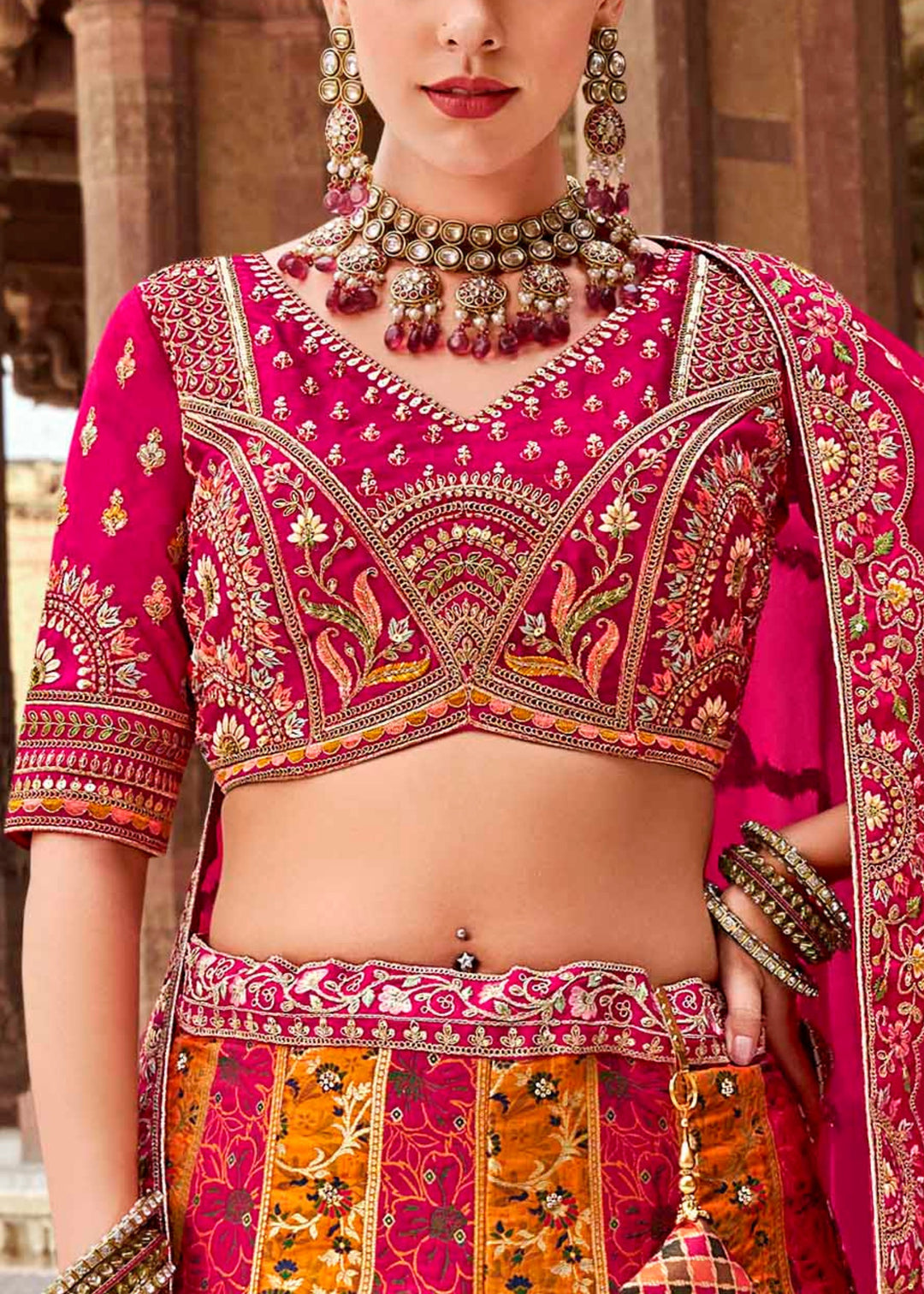 Tangerine Orange & Pink Banarasi Silk Lehenga Choli with Zarkan, Sequence and Thread Work