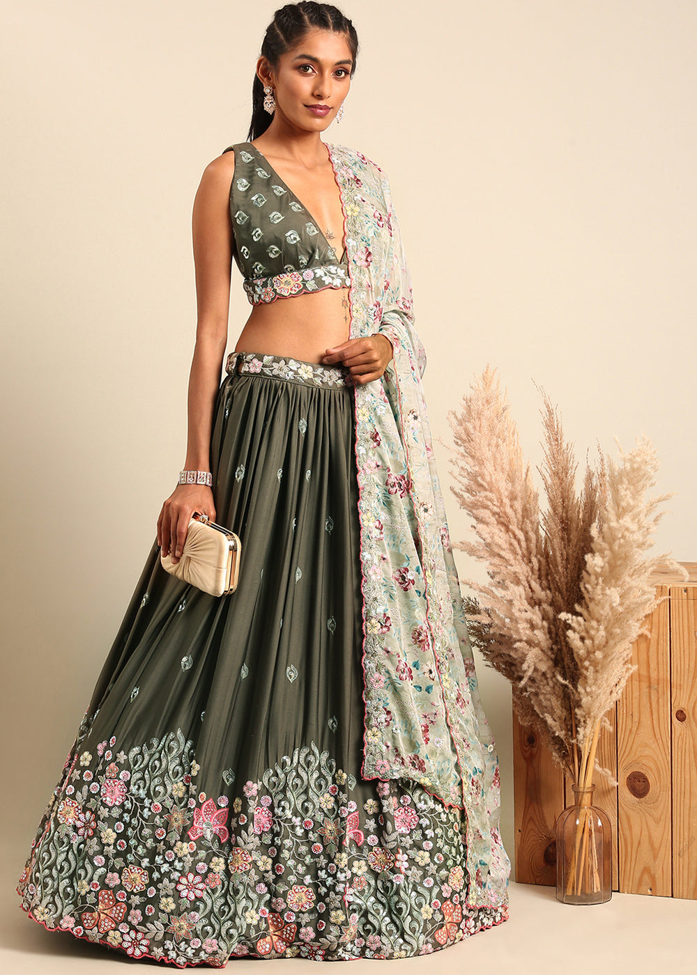 Olive Green Georgette Multi Sequins Lehenga Choli