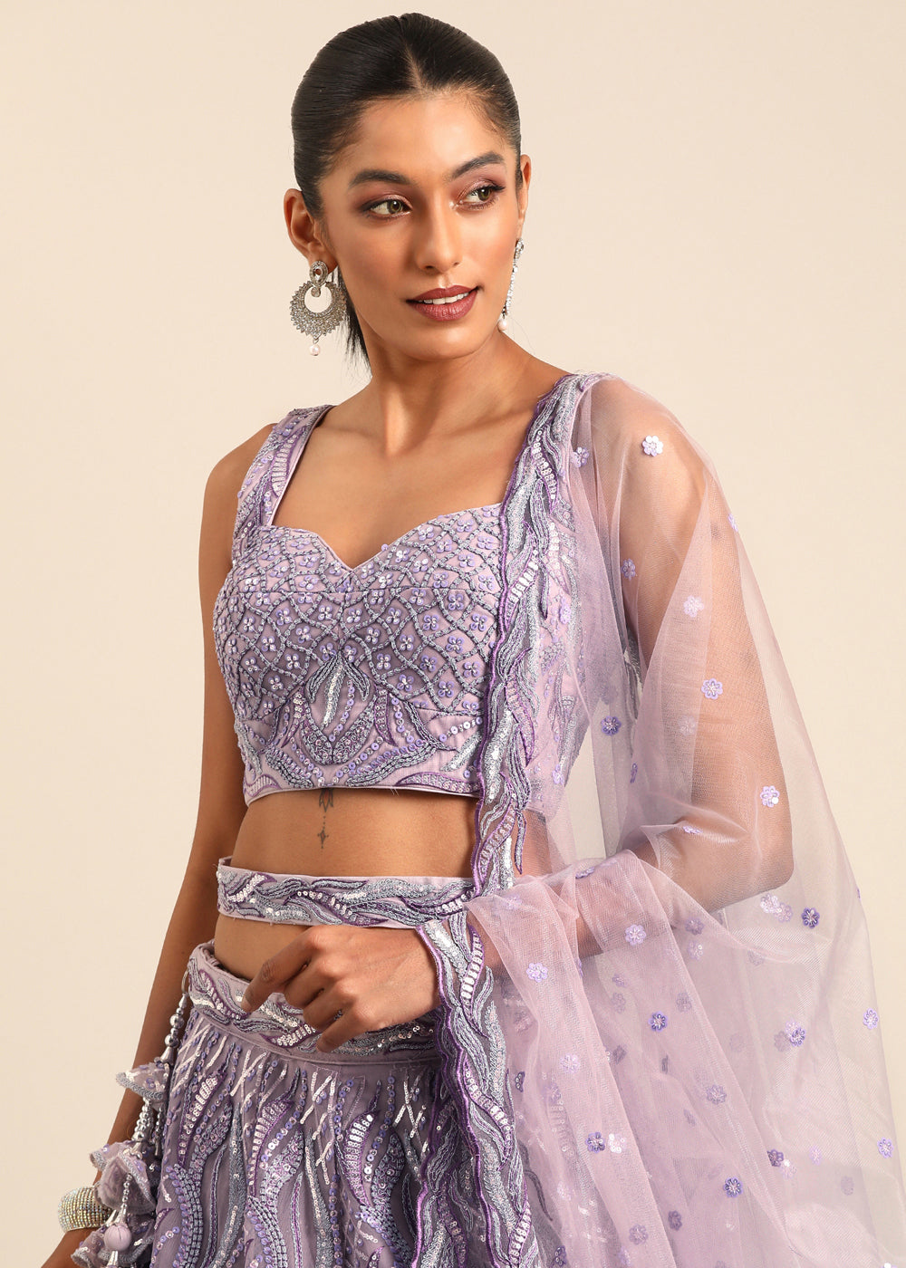 Shades Of Purple Net Lehenga Choli with Sequins & Zarkan Embroidery work