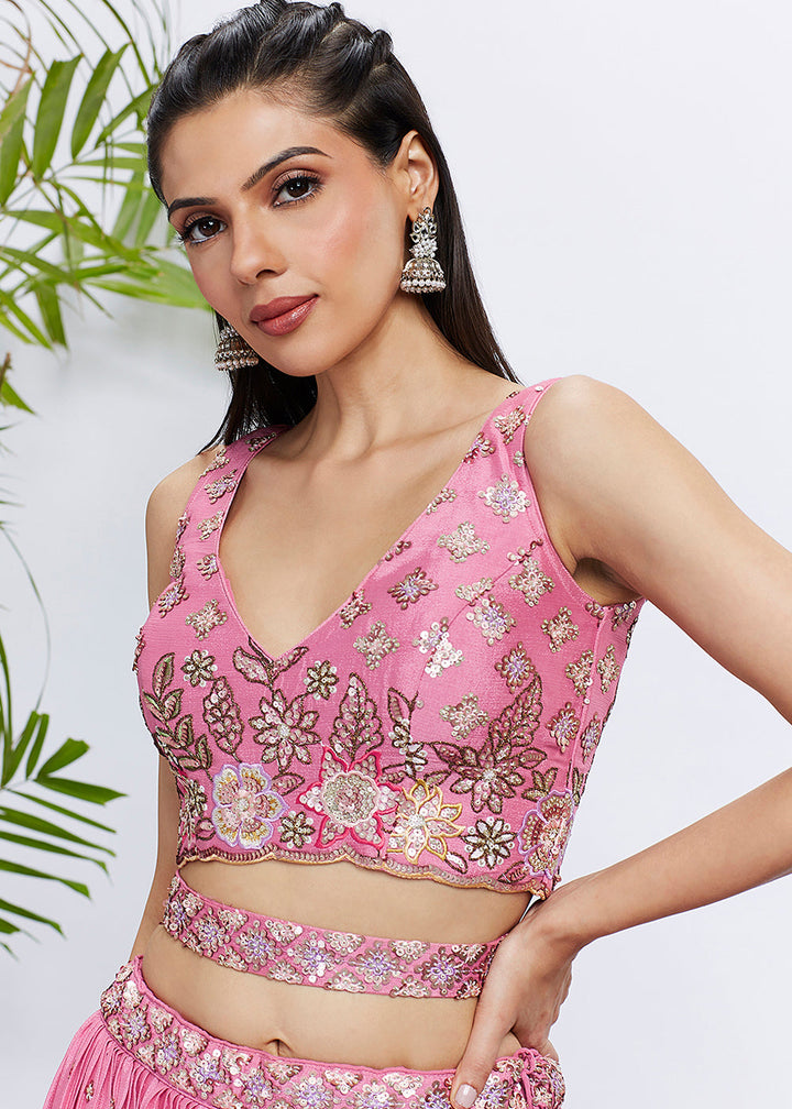 Neon Pink Chiffon Lehenga Choli with Sequins & Thread Embroidery work