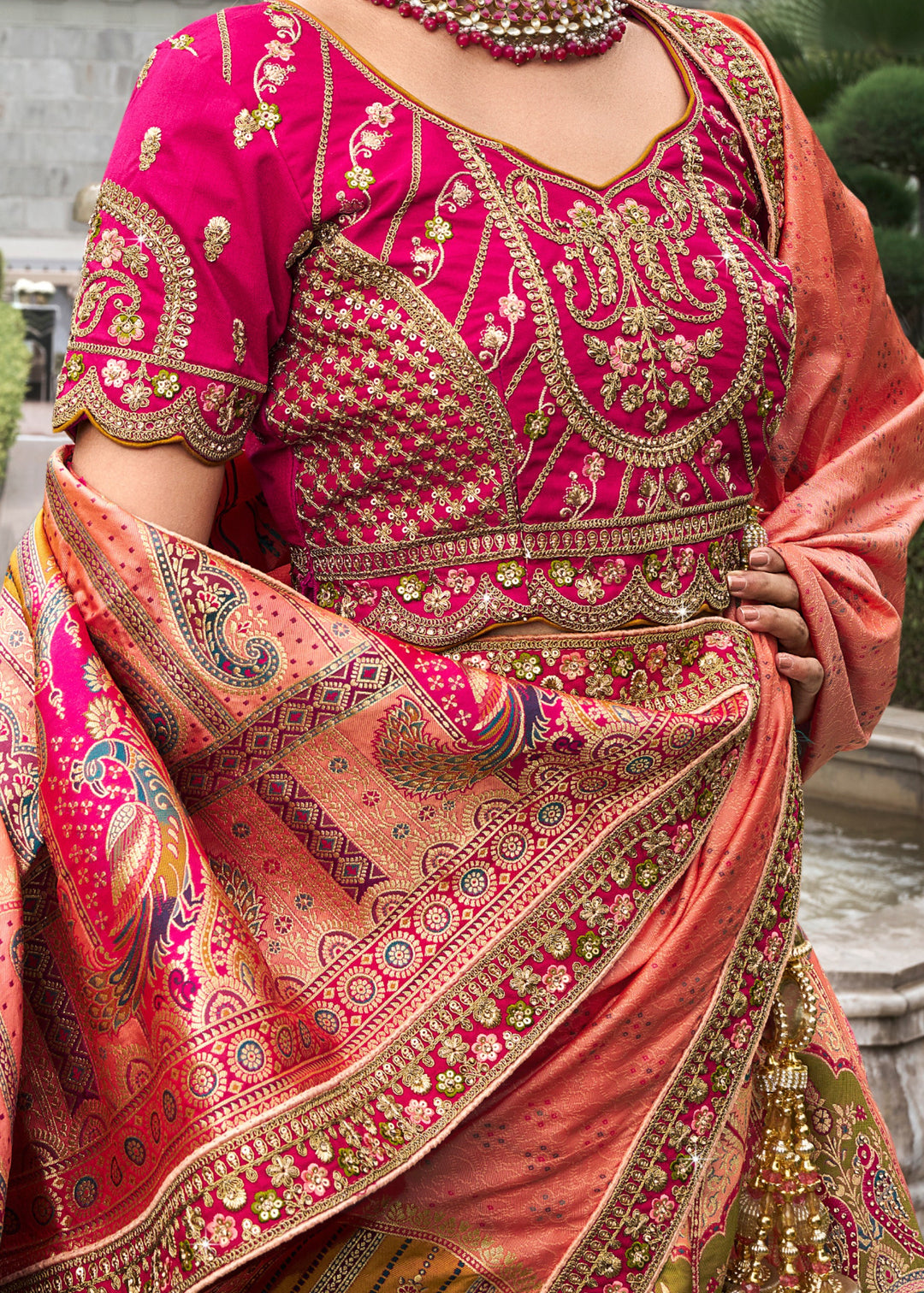 Orange & Pink Banarasi Silk Lehenga with Zarkan Codding work