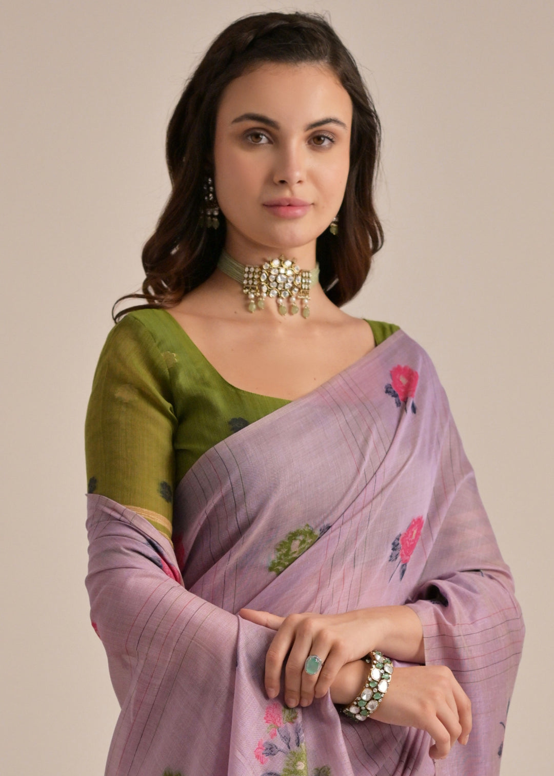 Thistle Purple Thread Woven Cotton Saree With Contrast Blouse