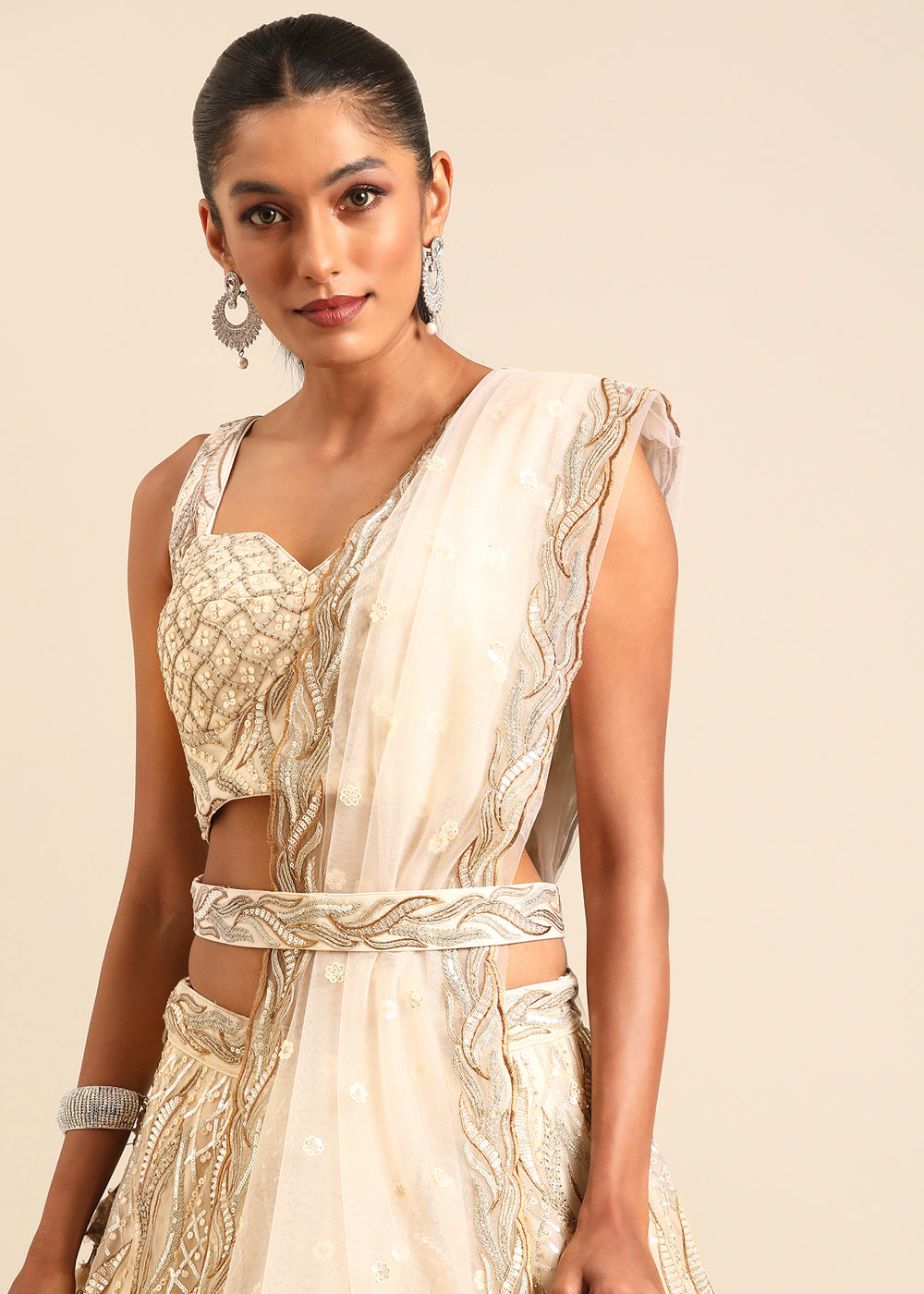 Cream White Net Lehenga Choli with Sequins & Zarkan Embroidery work