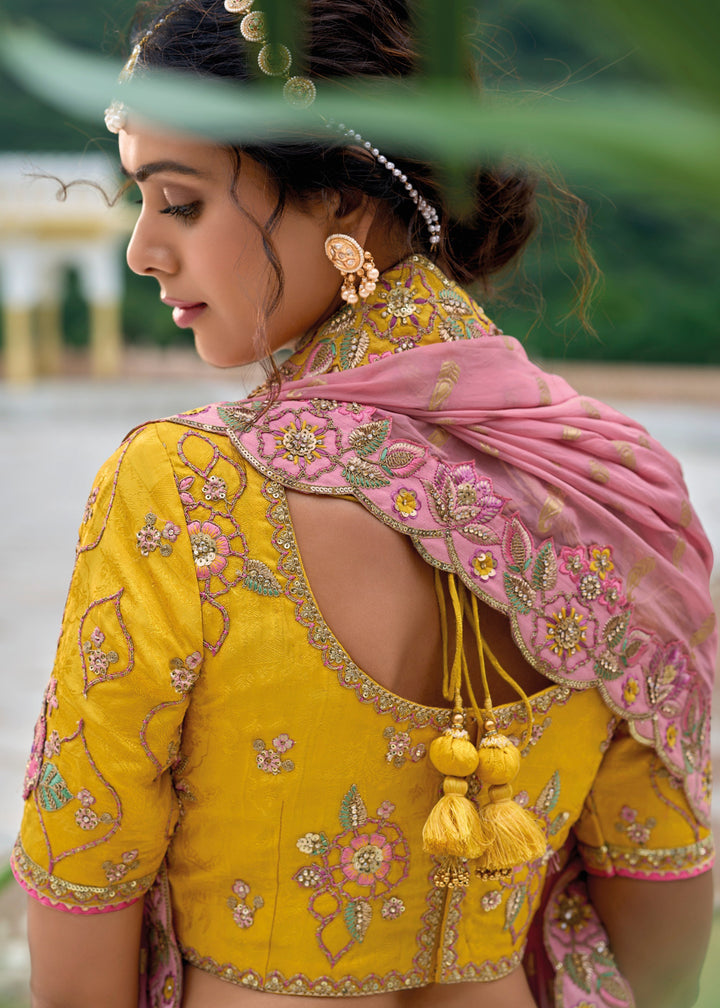 Canary Yellow and Pink Viscose Tissue Lehenga Choli with Embroidery Work (PRE-ORDER)