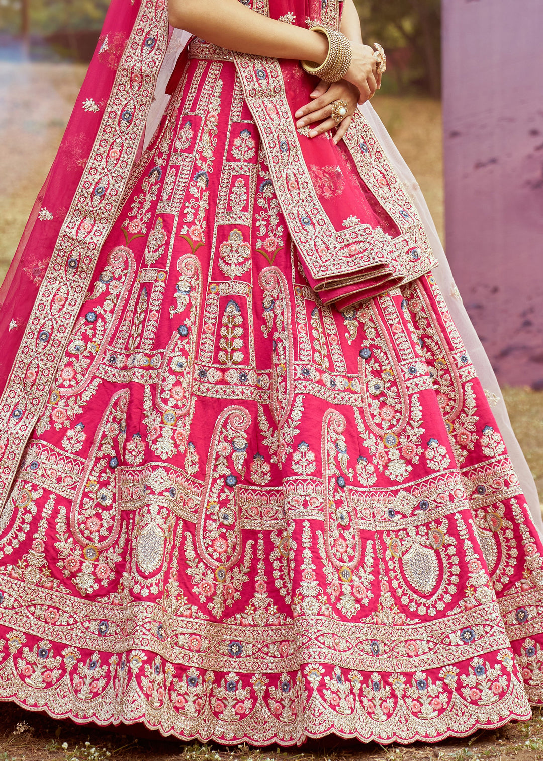 Pink Pure silk Moti, Sequins Embroidery Bridal Lehenga