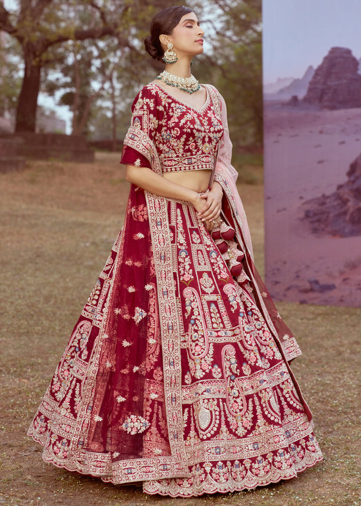 Maroon Pure Silk Moti, Sequins Embroidery Bridal Lehenga