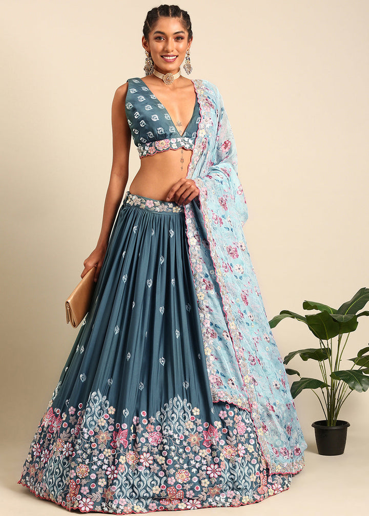 Celadon Blue Georgette Multi Sequins Lehenga Choli