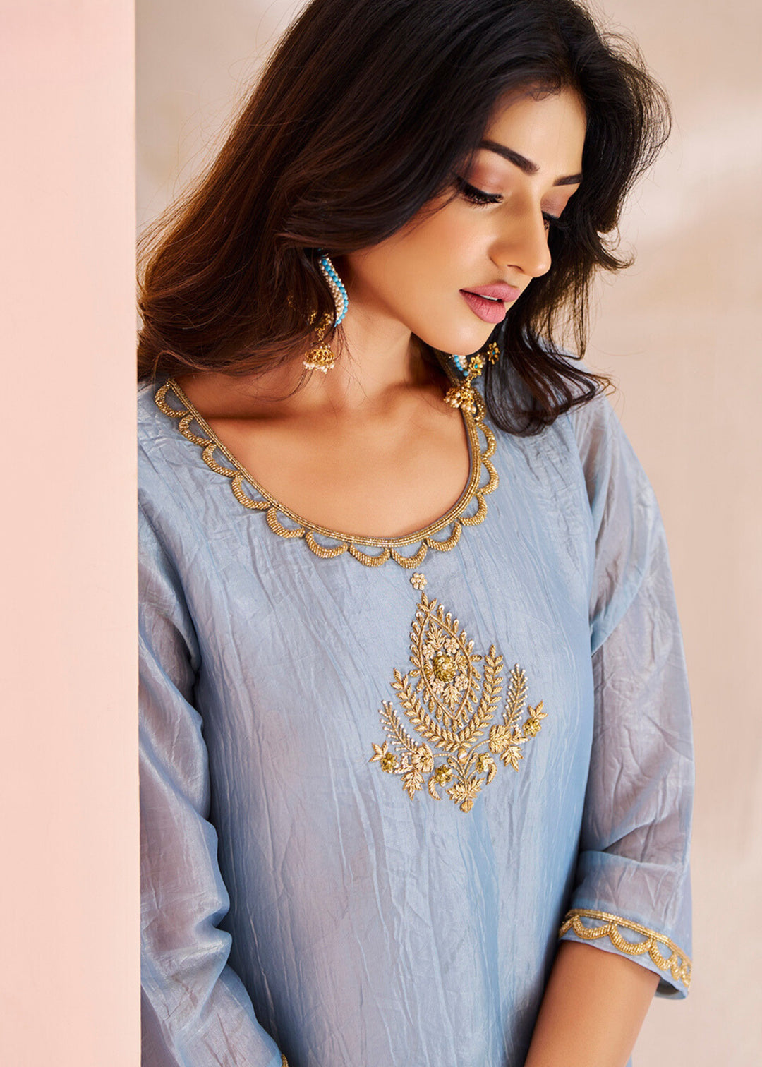 Pastel Blue Organza Handwork Kurta with Pant