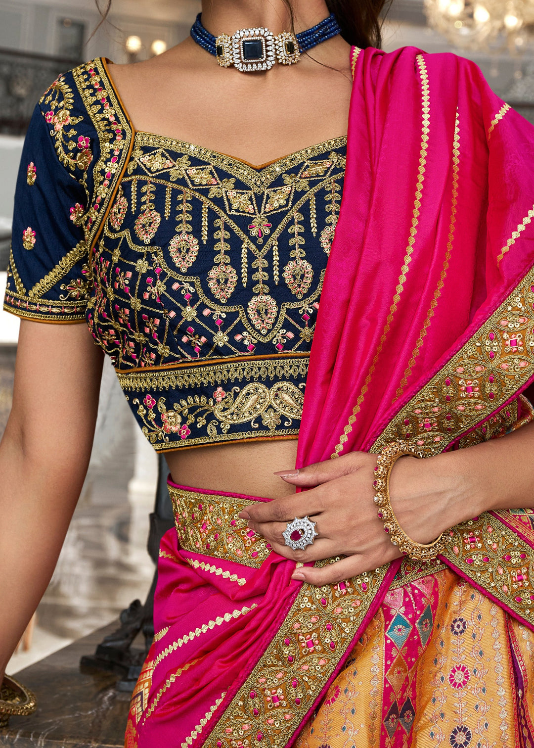 Dark Blue & Bright Pink Banarasi Silk Lehenga with Zarkan Codding work