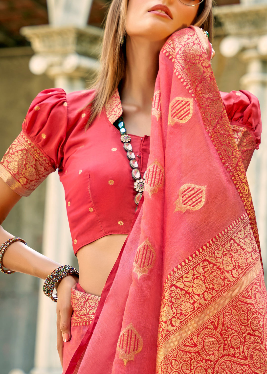 Coral Pink Soft Tissue Silk Saree With Contrast Border