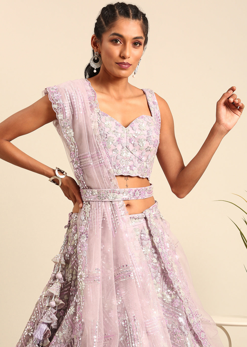 Lavender Purple Net Lehenga Choli with Sequins & Zarkan Embroidery work