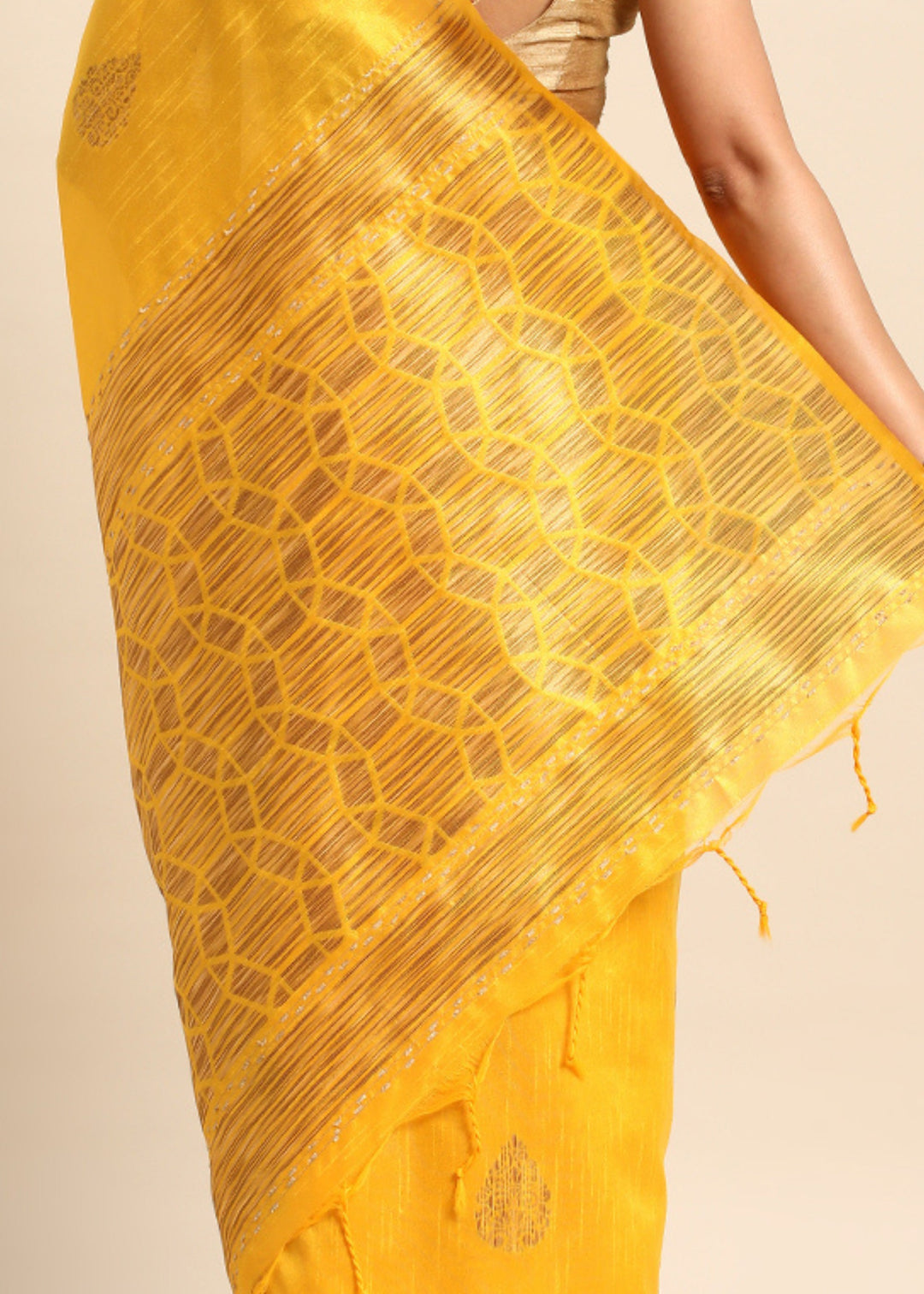 Golden Yellow Denim Blue Woven Handloom Raw Silk Saree