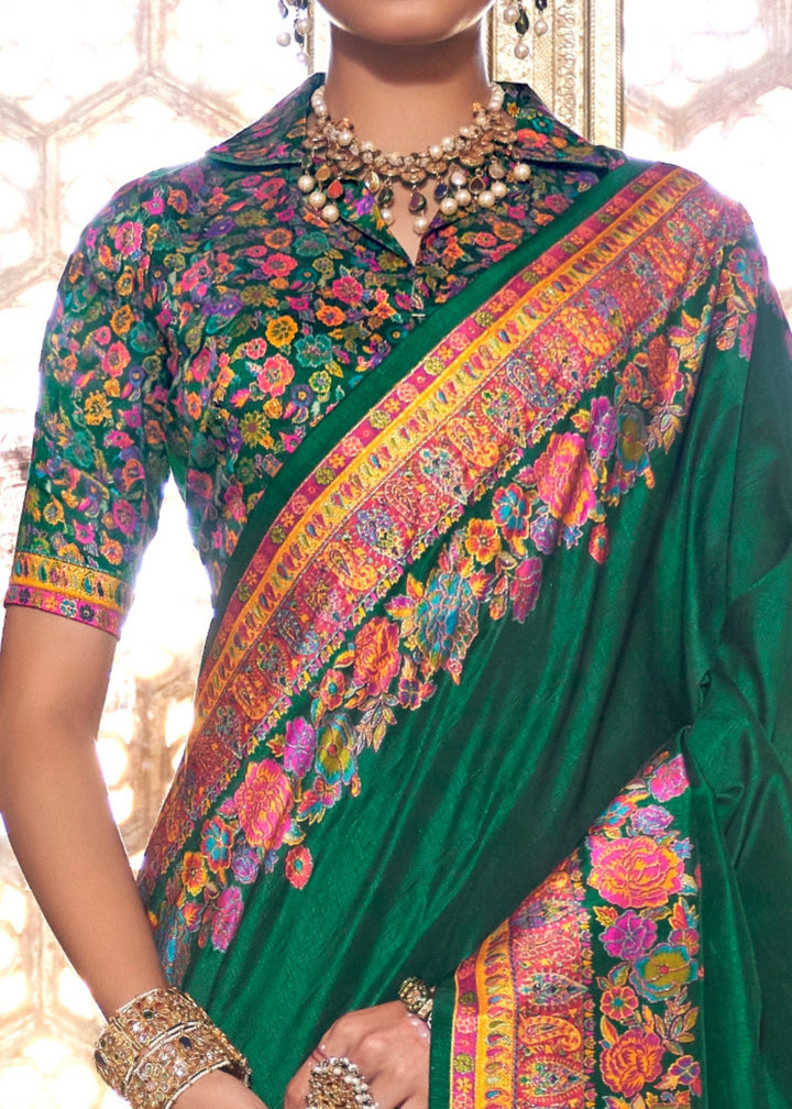 Pine Green Silk Saree With Luxury Print And Glory Finish