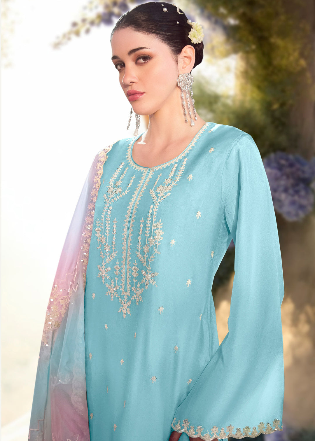 Pastel Blue Modale silk Salwar Suit with Embroidery