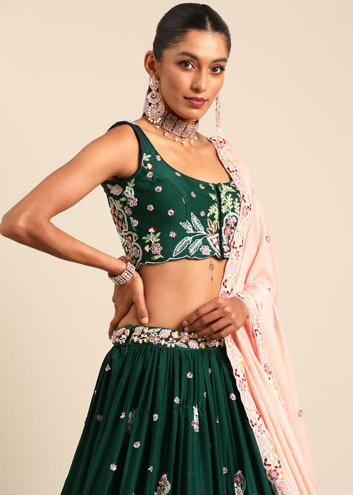 Sacramento Green Georgette Lehenga Choli with Sequins & Thread Embroidery work