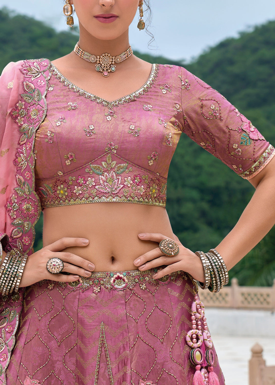 Smitten Pink Viscose Tissue Lehenga Choli with Embroidery Work