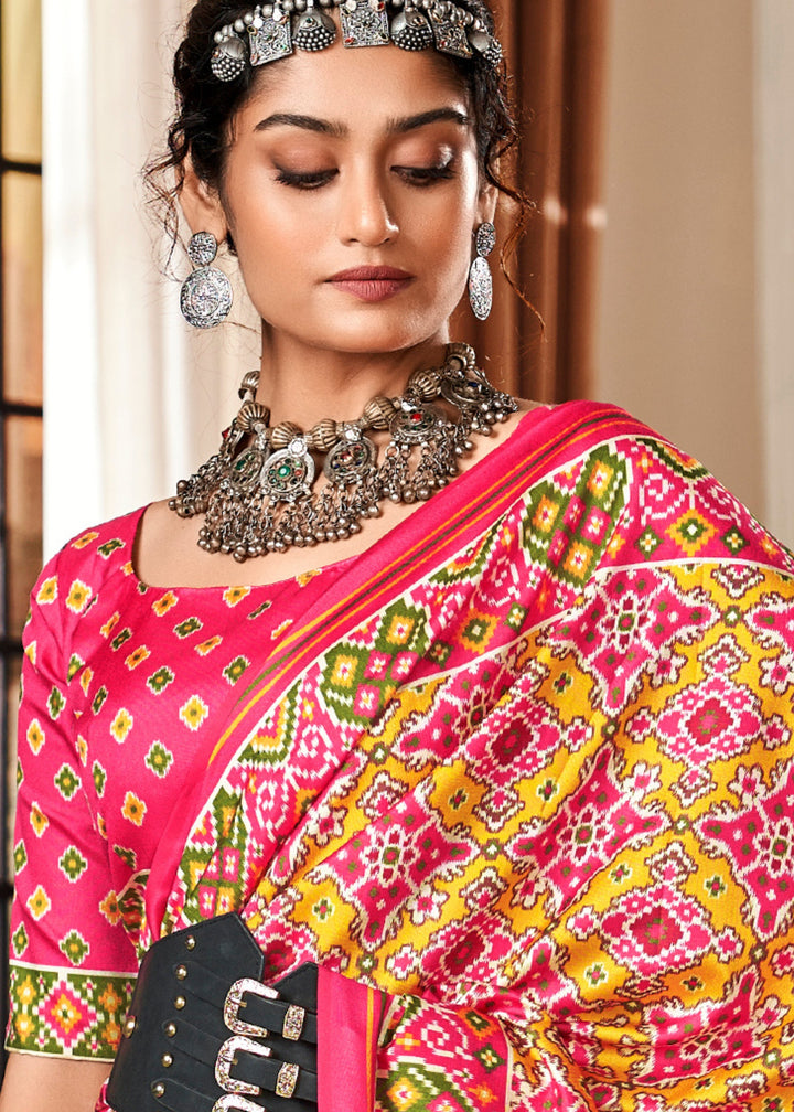 Canary Yellow & Pink Tussar Silk Saree With Beautiful Patola Print