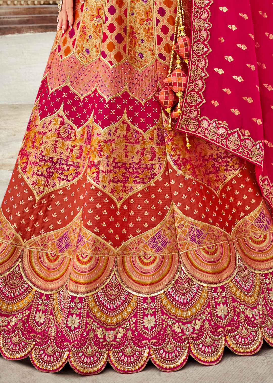 Rani Pink Banarasi Silk Lehenga Choli with Zarkan, Sequence and Thread Work